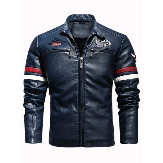 Men's Motorcycle Racing PU Leather Jacket Embroidered Color Block Motorcycle Jacket Contrast Color Coat
