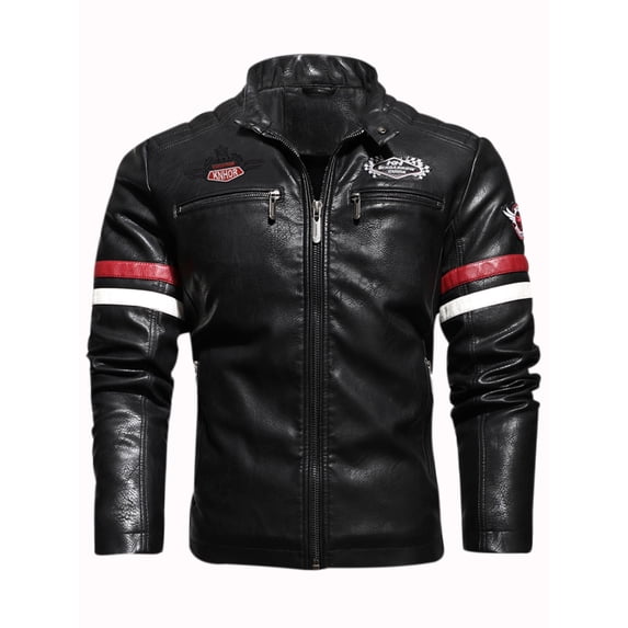 Men's Motorcycle Racing PU Leather Jacket Embroidered Color Block Motorcycle Jacket Contrast Color Coat