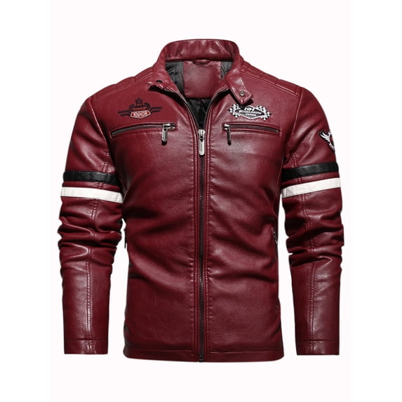 Men's Motorcycle Racing PU Leather Jacket Embroidered Color Block Motorcycle Jacket Contrast Color Coat