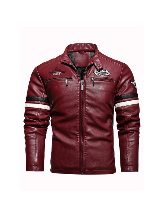 Men's Motorcycle Racing PU Leather Jacket Embroidered Color Block Motorcycle Jacket Contrast Color Coat