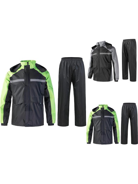 Men's Motorcycle Rain Suit Waterproof Hooded Jacket and Pants Reflective Windproof Rain Gear for Riding & Outdoor Travel