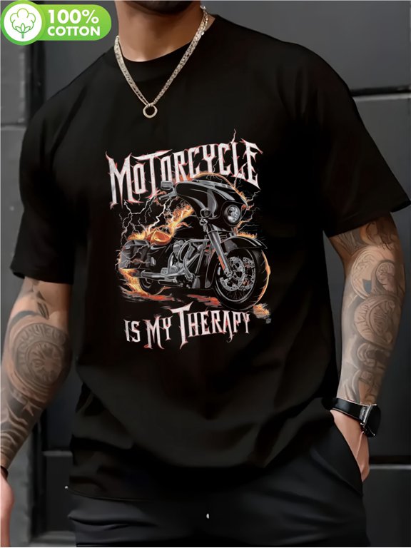 Men's Motorcycle Relax Graphic T-Shirt - 100% Cotton 180g Soft Retro Biker Tee with Bold "Motorcycle Is My Relax" Print, Relaxed Fit Round Neck for Casual & Outdoor Wear (S-XXL), Soft Fabric Shirt
