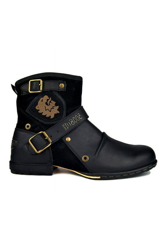 Men’s Vintage Buckle Ankle Boots, Retro Lion Embossed Zipper Short Booties, Casual Low-Heel Biker Style Footwear