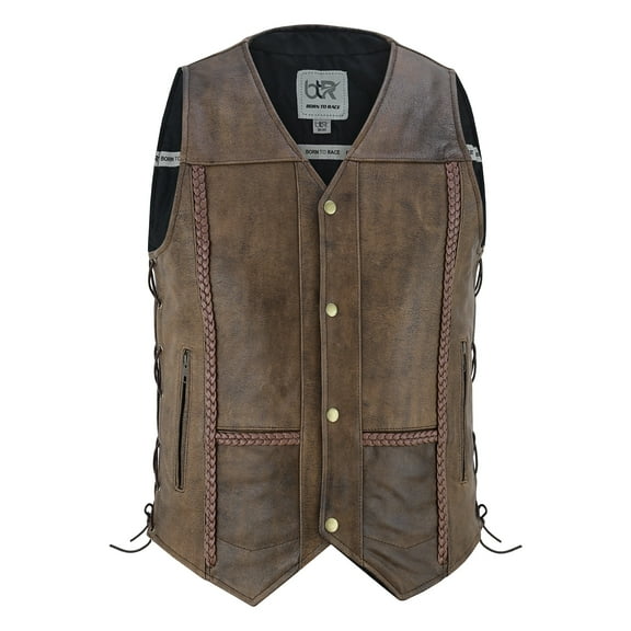 Men's Motorcycle Sleeveless Leather Vest Biker Riders Motorbike Vests New Antique Brown-38