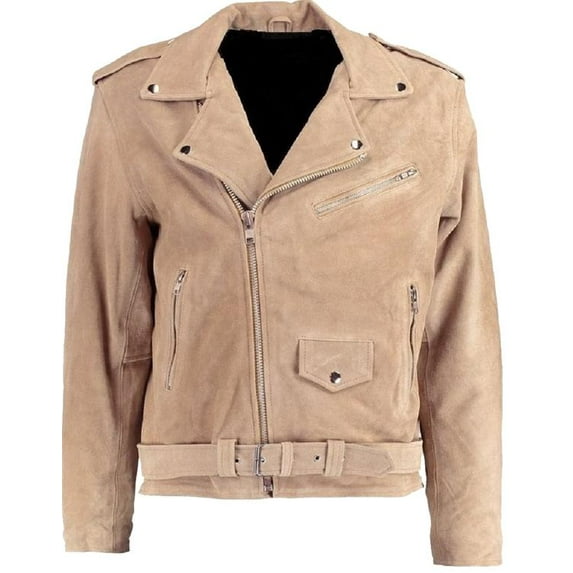 Men's Motorcycle Style Zipper Beige Color Suede Leather Jacket SouthBeachLeather