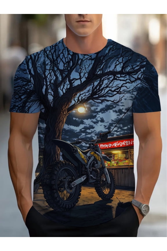 Men's Motorcycle Themed T-Shirt with Text and Night Print - Blue Casual Crew Neck Short Sleeve Shirt for Restaurant Staff, Summer Motorcycle Riders Clothing