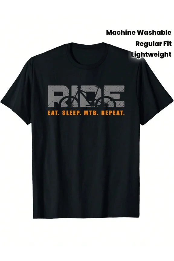 Men's Mountain Biking T-Shirt Eat Sleep MTB Repeat Graphic Tee Short Sleeve Regular Fit Black