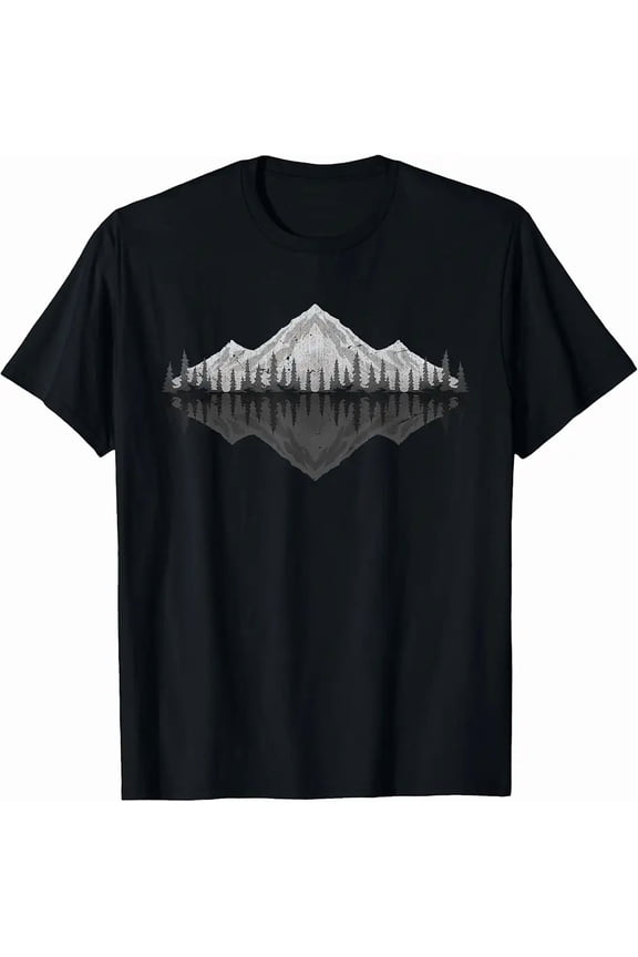 Men's Mountain Forest Graphic T-Shirt Nature Outdoor Adventure Short Sleeve Tee Black