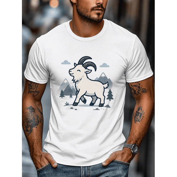 Men's Mountain Goat Graphic T-Shirt, Cute Alpine Goat Illustration Print, Crew Neck Short Sleeve Casual Tee for Outdoor Hiking Nature Lovers