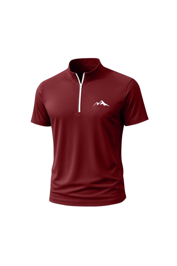 Men's Mountain Logo Quarter Zip Performance T-Shirts Short Sleeve Stand Collar Quick Dry Shirt Athletic Workout Tops