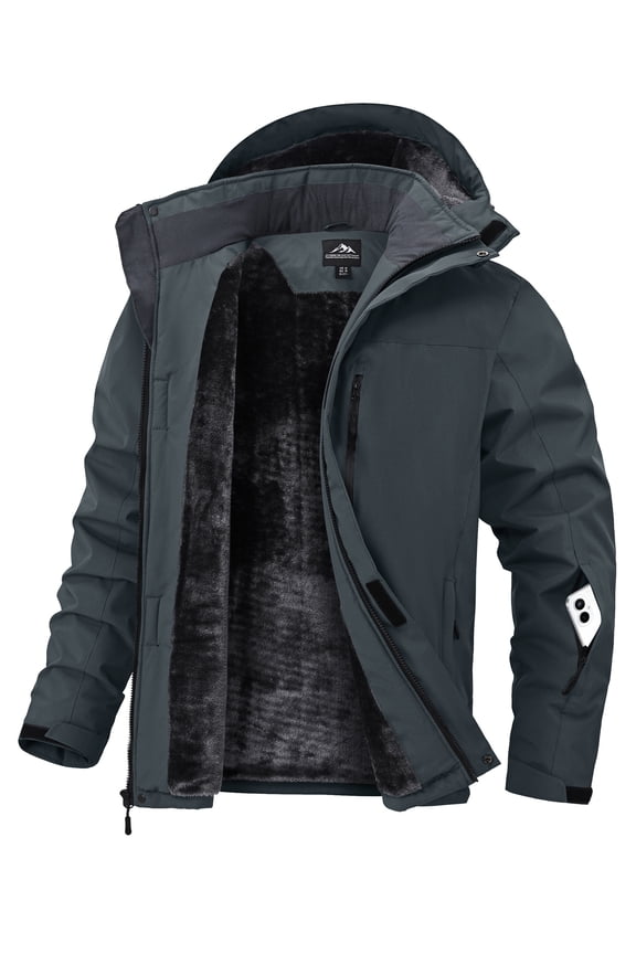 Men's Mountain Ski Jacket Waterproof Fleece Liner Snow Coat Warm Winter Windproof Hooded Raincoat L