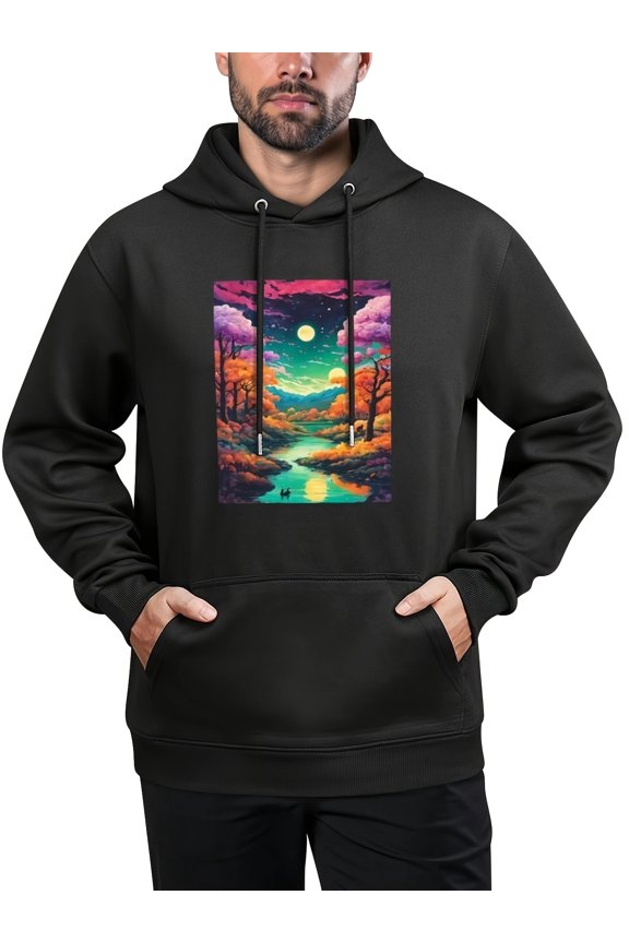 Men's Mountain Stream Graphic Hoodie - Casual Pullover with Kangaroo Pocket, Cotton Blend, Perfect for Fall & Winter