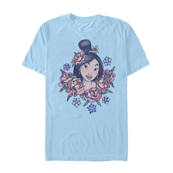 Men's Mulan Floral Portrait  Graphic Tee Light Blue Small