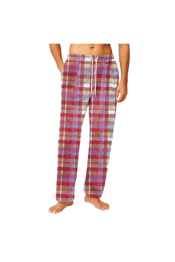 Men's Multi-Color Plaid Sleep Pants for At-Home Relaxation & Sleep Red 2XL