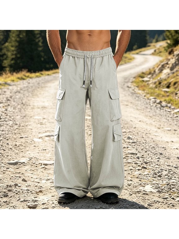 Men's Multi‑Layer‑Flap‑Pocket Wide‑Leg Cargo Pants, Elastic Drawstring Waist, Stacked Flap Cargo Pockets, Button Fasteners, For Urban Street Shooting, Daily Casual Hangouts White M