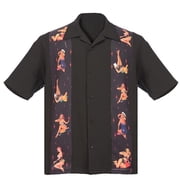 Men's Multi Pin Up Panel Button Up Bowling Shirt Black