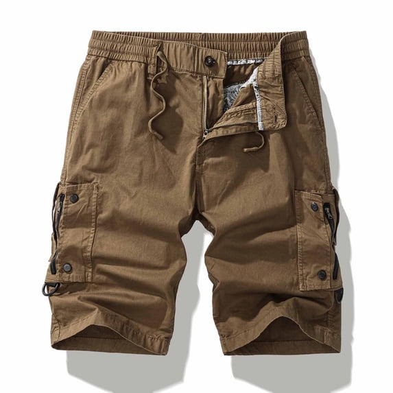 Men's Multi-Pocket Cargo Shorts 7 Inch, Elastic Drawstring & Button Waist Casual Outdoor Work Shorts, Durable Cotton Twill Shorts with Zipper Pockets Size S-4XL Brown