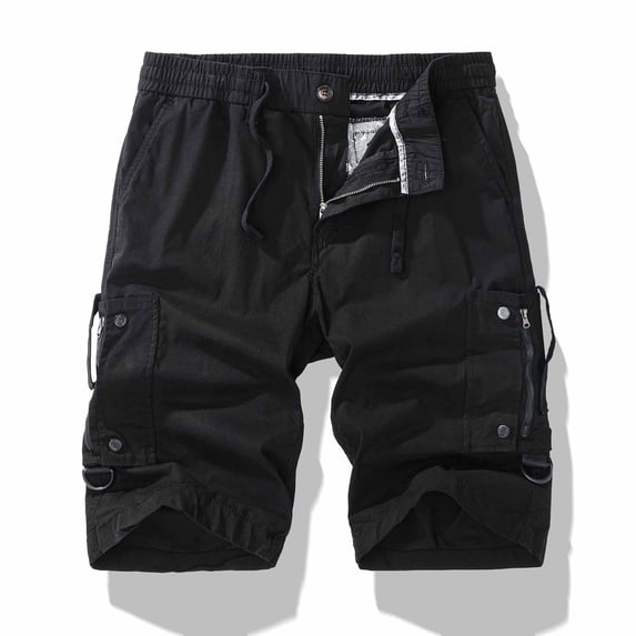 Men's Multi-Pocket Cargo Shorts 7 Inch, Elastic Drawstring & Button Waist Casual Outdoor Work Shorts, Durable Cotton Twill Shorts with Zipper Pockets Size S-4XL Black