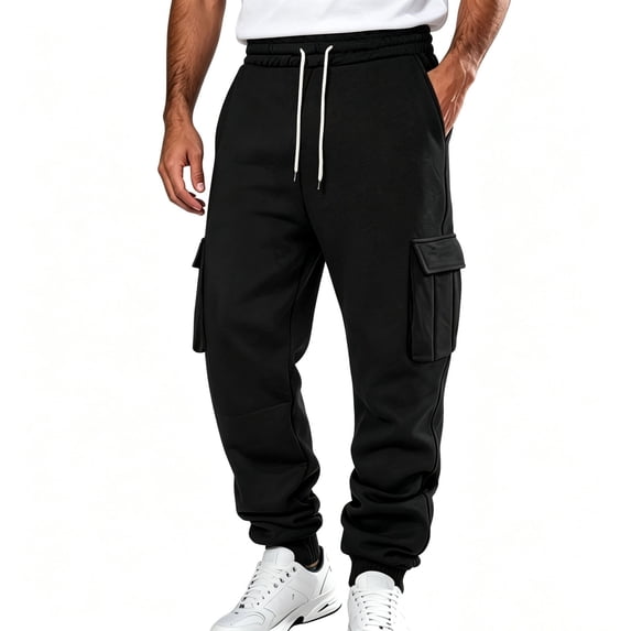 Men's Multi-Pocket Fleece Cargo Sweatpants Elastic Waist and Cuff Drawstring Baggy Active Casual Pants