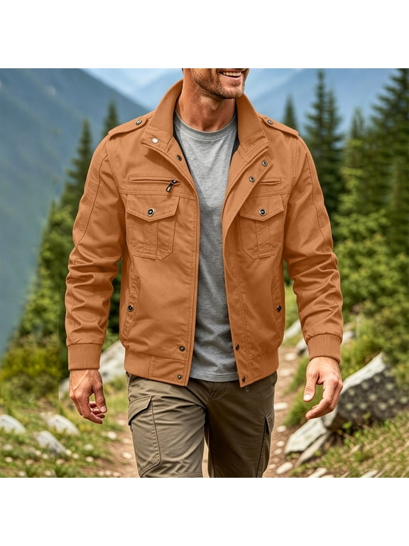 Men's Multi Pocket Military Style Bomber Jacket with Stand Collar