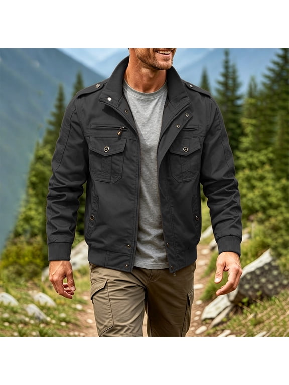 Men's Multi Pocket Military Style Bomber Jacket with Stand Collar