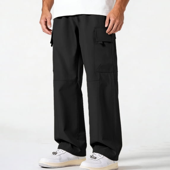 Men’s Multi Pocket Straight Cargo Pants Drawstring Stretch Loose Casual Outdoor Polyester Trousers S-XL 1 Pack