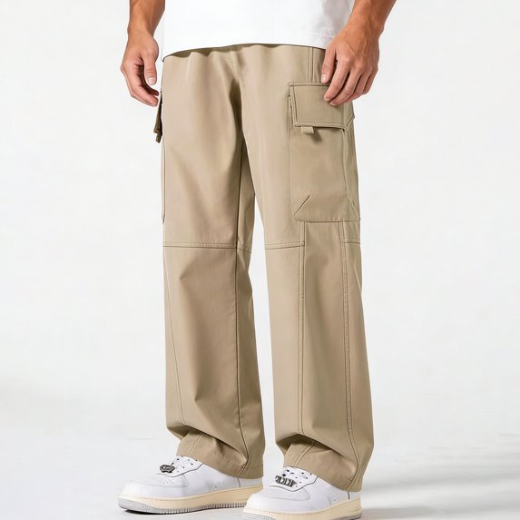 Men’s Multi Pocket Straight Cargo Pants Drawstring Stretch Loose Casual Outdoor Polyester Trousers S-XL 1 Pack