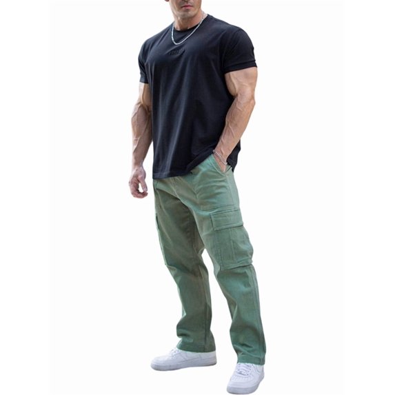 Men's Multi Pocket Straight Leg Cargo Trousers Green XL