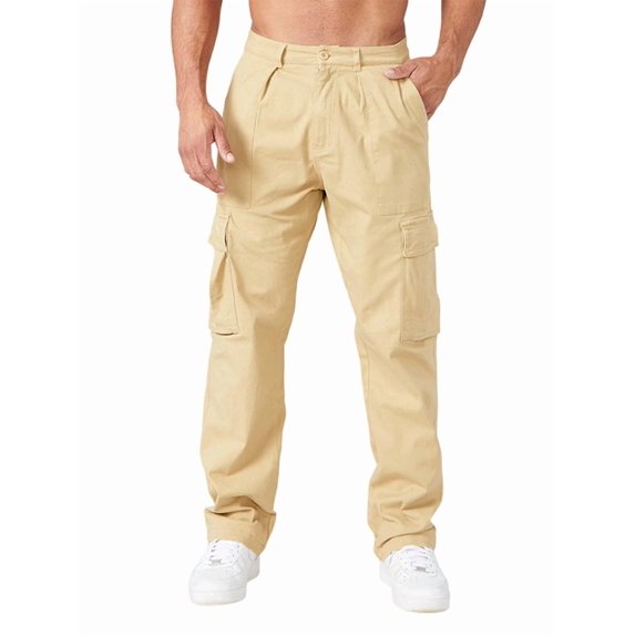 Men's Multi Pocket Straight Leg Cargo Trousers Khaki XXL