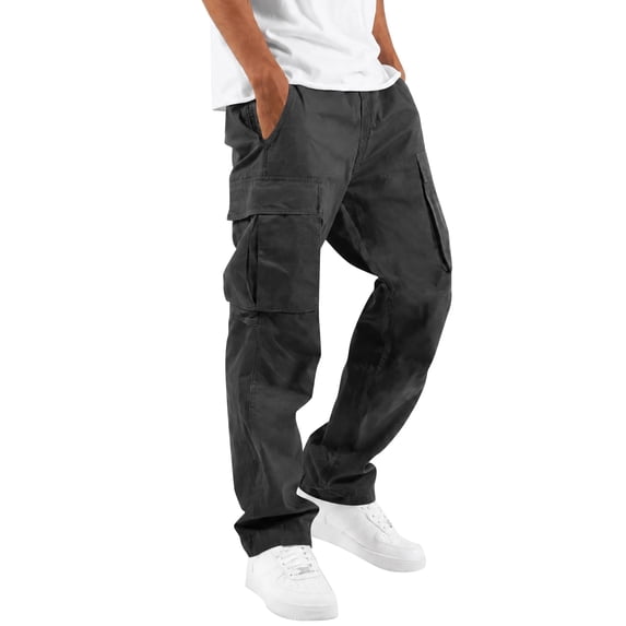 Men's Multi Pocket Work Pants Straight Leg Drawstring Waist Loose Fit Outdoor Hiking Breathable Cargo Trousers, M