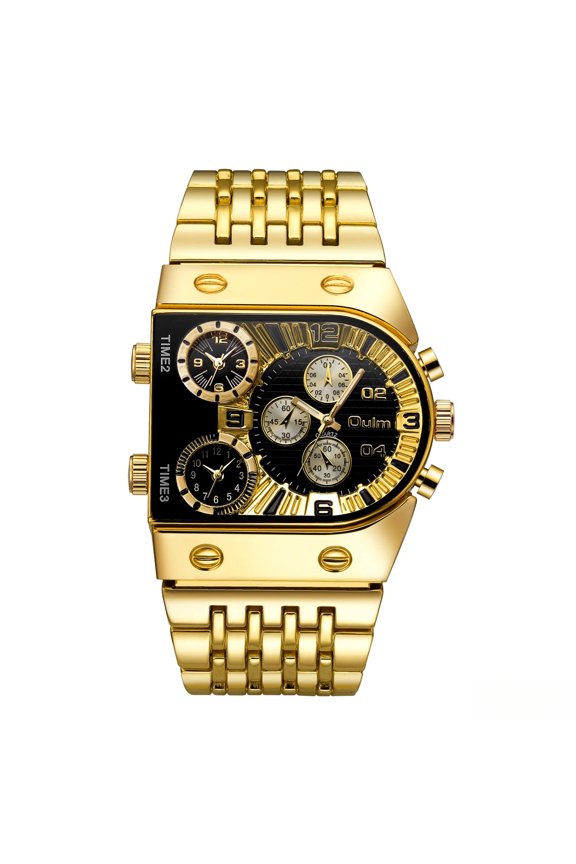 Men’s Multi-Time Zone Quartz Wrist Watch, Gold Plated Steel Band Luminous Chronograph Business Watch