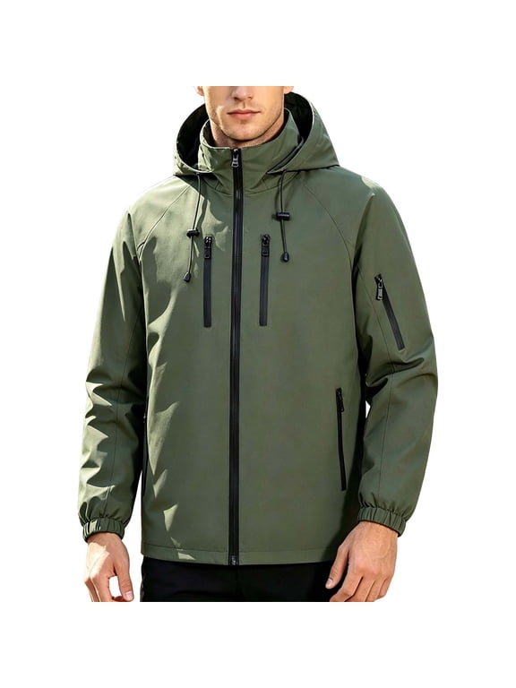 Men's Multi-Zip Hooded Softshell Windbreaker Light Water Resistant Elastic Rib Cuff Multi Pocket Patrol Jacket Windbreaker Jackets for Men Olive Green XL