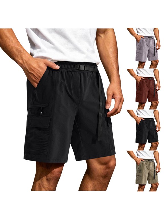 Men's Multi Zipper Pocket Casual Beach Shorts, Elastic Drawstring Waist Zip Secure Side Pockets Elastic Cuff, Solid Quick Dry Lightweight Five Inch Sports | TruHer,Black 2XL