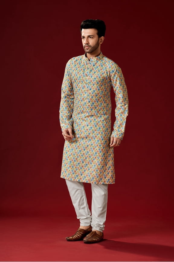 Men's Multicolor Color Indian Traditional Wear Tunic Cotton Kurta Pajama Set