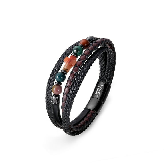 Men’s Multicolor Natural Stone Leather Bracelet with Magnetic Clasp “Love You Forever” – Handmade Braided Wrap Wristband Gift for Him