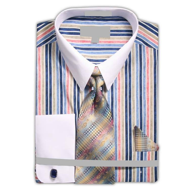 Men s Multicolor Stripe Dress Shirt with White Collar French Cuffs