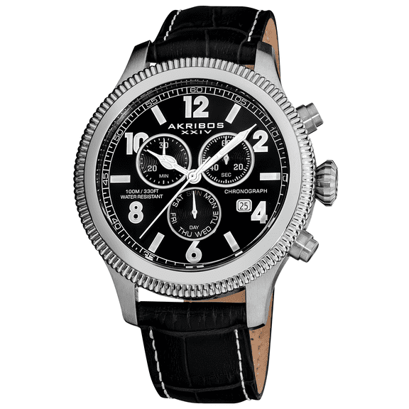Akribos XXIV Men's Multifunction Chronograph Leather-Strap Watch with Black Dial