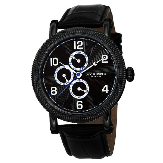 Men's Multifunction Embossed Dial Leather Black Strap Watch