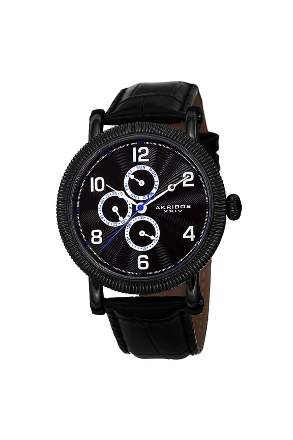 XXIV Men's Multifunction Embossed Dial Leather Black Strap Watch