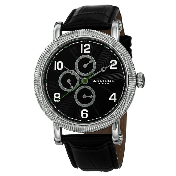 Men's Multifunction Embossed Dial Leather Silver-Tone Strap Watch