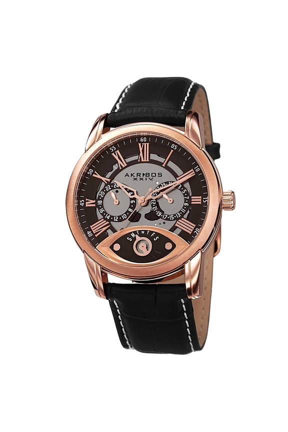 XXIV Men's Multifunction Step Dial Leather Rose-Tone Strap Watch