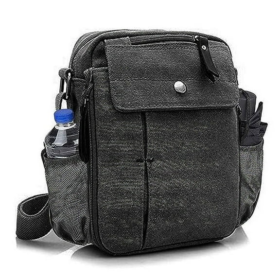 Men's Multifunctional Canvas Crossbody Bag Chest Bag Travel Carry Bag with Bottle Holder (Black)