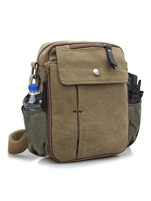 Men's Multifunctional Canvas Crossbody Bag Chest Bag Travel Carry Bag with Bottle Holder (Khaki)