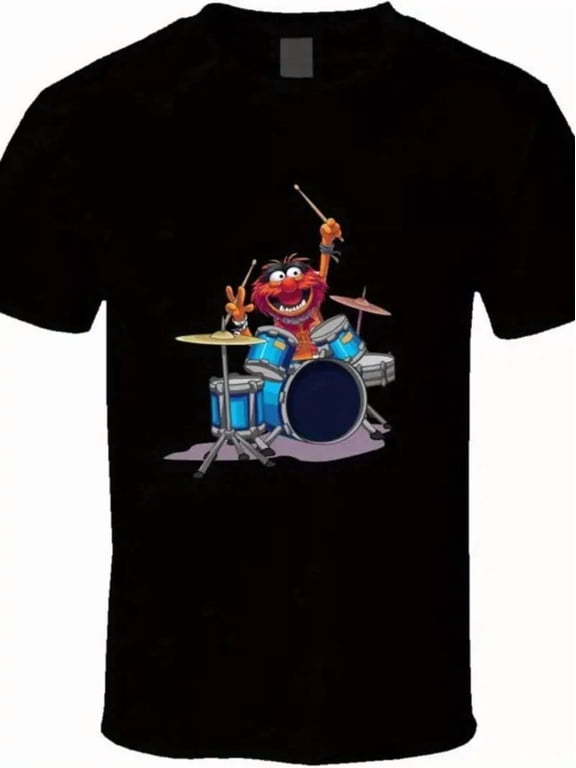 Men's Muppets Animal Drums Black Short Sleeve Cotton Trendy Graphic T-Shirt, Size S-5XL