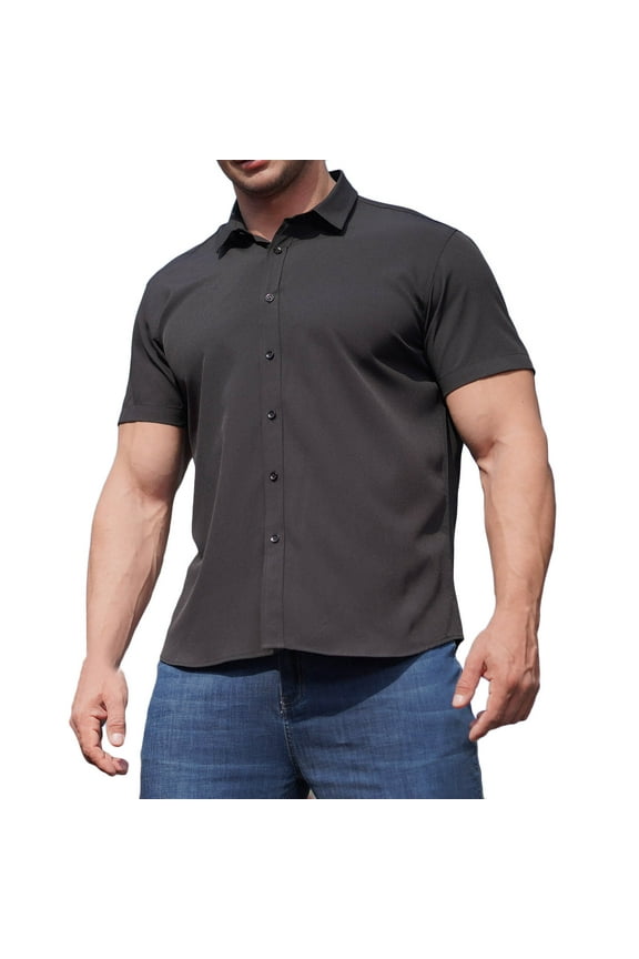 Men's Muscle Dress Shirts Cotton Stretch Banded Collar Short Sleeve Wrinkle Free Casual Button Down Shirts
