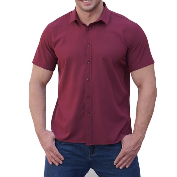Men's Muscle Dress Shirts Cotton Stretch Banded Collar Short Sleeve Wrinkle Free Casual Button Down Shirts