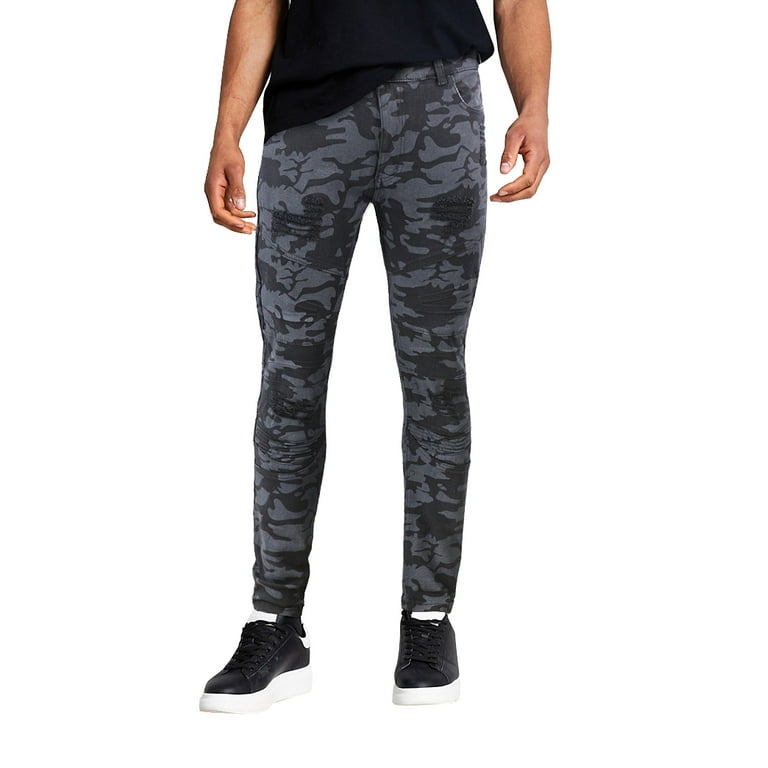 Men's Muscle Fit Distressed Moto Quilt Zipper Super Skinny Stretch