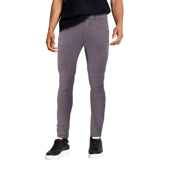 Men's Muscle Fit Distressed Moto Quilt Zipper Super Skinny Stretch Denim Jeans (BDX-80-CG/SS - Charcoal Grey, 30x30)