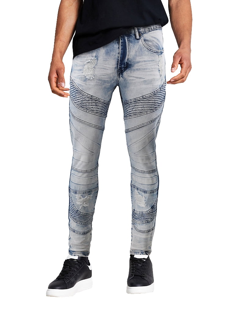 Men\'s Muscle Fit Distressed Moto Quilt Zipper Super Skinny Stretch Denim  Jeans (DXZ-80-VN/SS-Blue, 32x30) | Slim-Fit Jeans