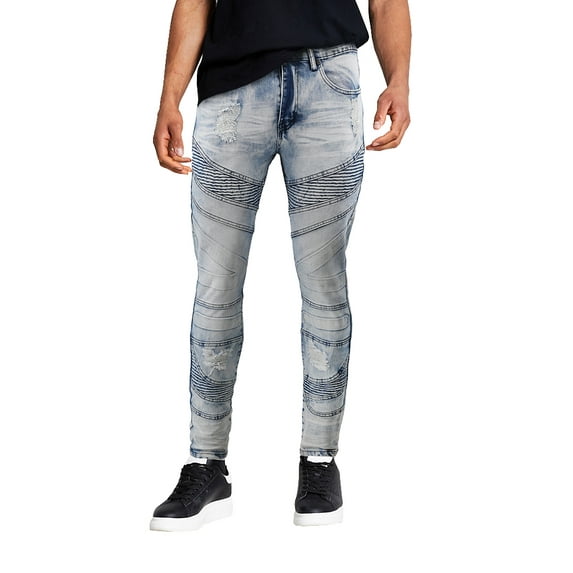 Men's Muscle Fit Distressed Moto Quilt Zipper Super Skinny Stretch Denim Jeans (BDX-80-LB/SS - Light Blue, 34x30)